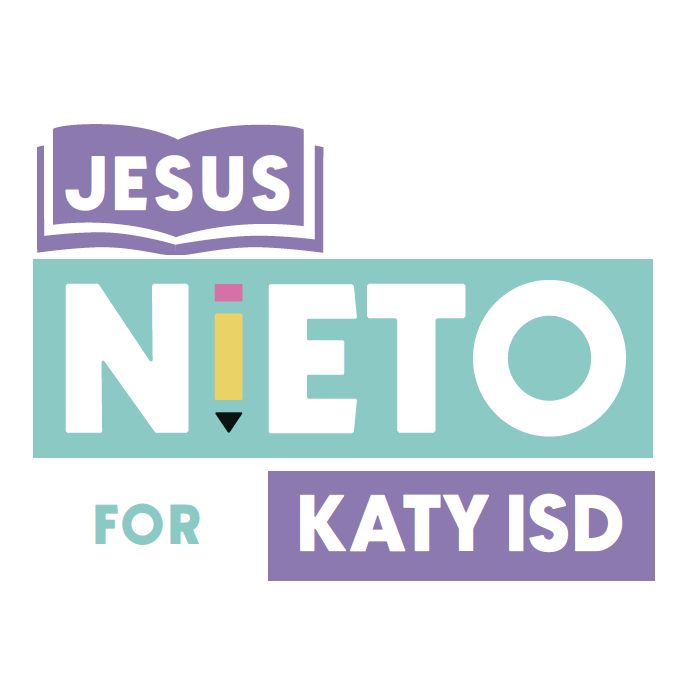 A logo for school board candidate. At the top, slightly to the left is the word Jesus on a purple book, below it and centered on a teal background is the word Nieto with a pencil for the letter i, below that and centered are the words For in teak and Katy ISD in white on a purple background.